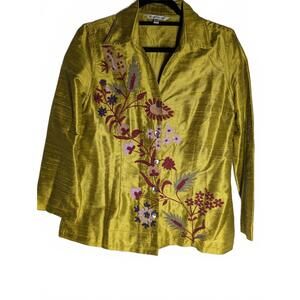 TravelSmith 100% Silk Embroidered Chartreuse Button-up Shirt Small Petite